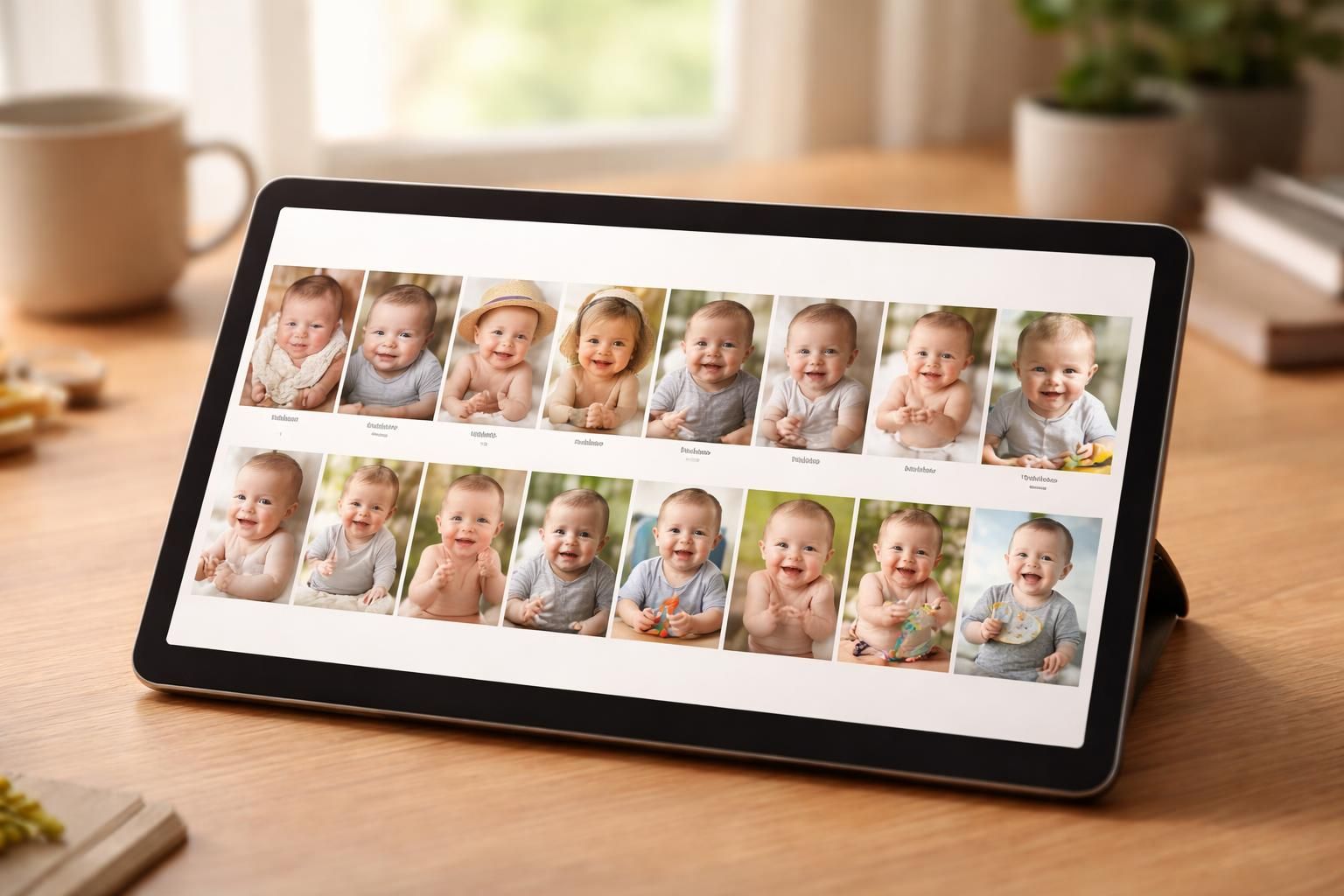 créez un album photo unique de votre bébé avec une frise mois par mois, à consulter facilement sur tablette tactile pour revivre chaque moment précieux.
