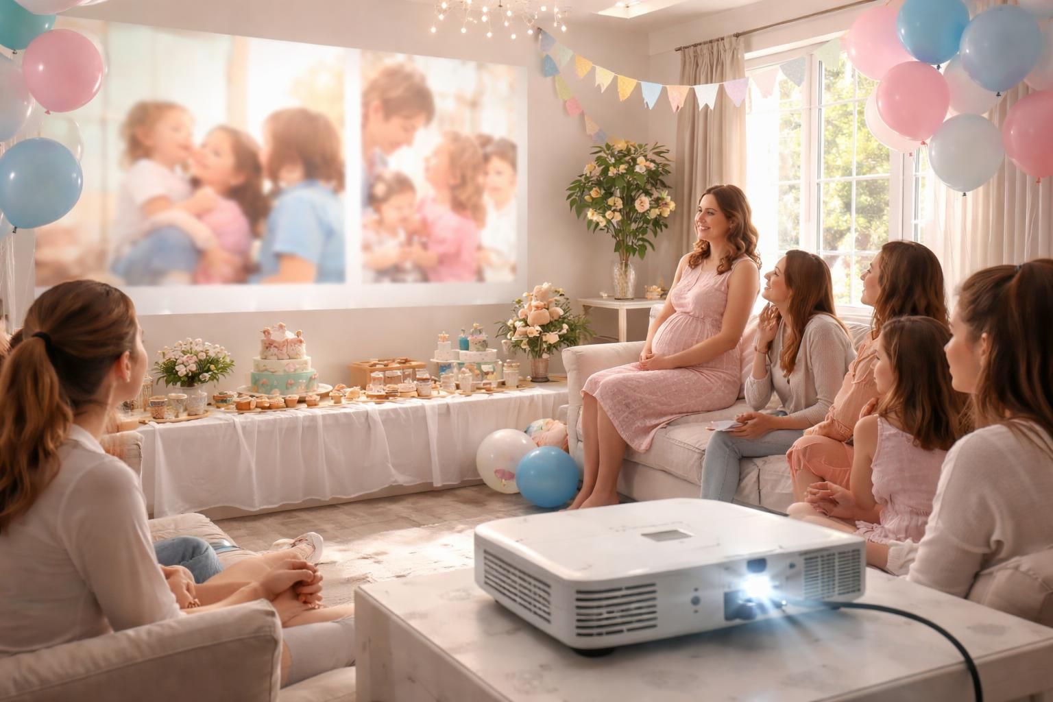 organisez une baby shower inoubliable avec un diaporama projeté grâce au vidéoprojecteur epson, pour célébrer l'arrivée du bébé en images et moments précieux.