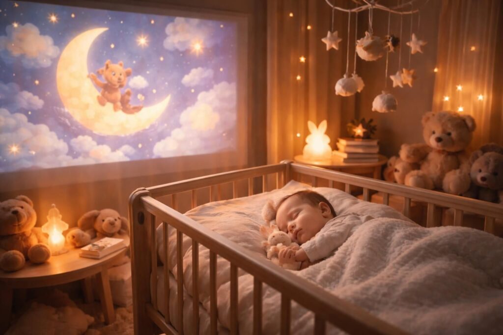 découvrez un rituel apaisant pour le coucher de votre bébé avec une histoire projetée sur écran de projection, pour des nuits douces et sereines.