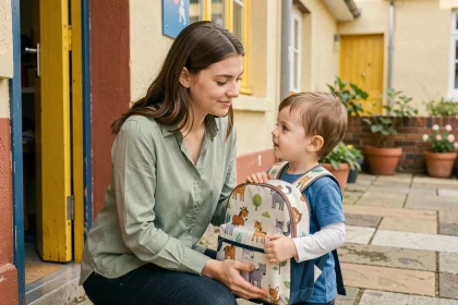 Maman accompagnant son enfant à l'entrée de la maternelle pour la rentrée scolaire