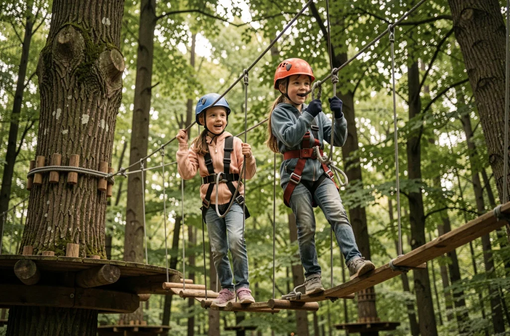 Deux enfants en harnais grimpant sur un parcours accrobranche dans la forêt de Meudon à l'Accrocamp