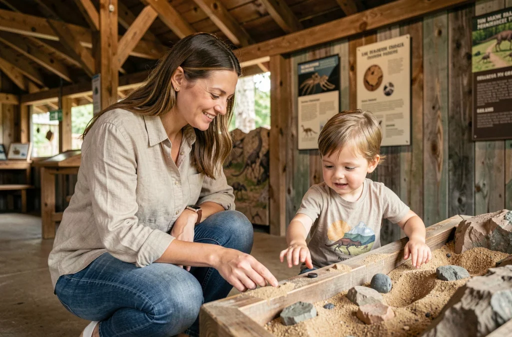 Une mère et son jeune enfant découvrent une activité éducative sur les dinosaures dans un espace couvert de la Mer de Sable
