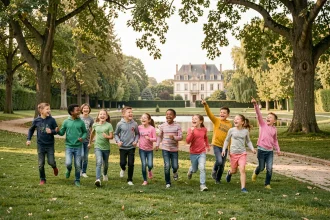Des enfants qui courent et jouent dans un parc verdoyant des Hauts-de-Seine, illustrant les activités familiales de la région