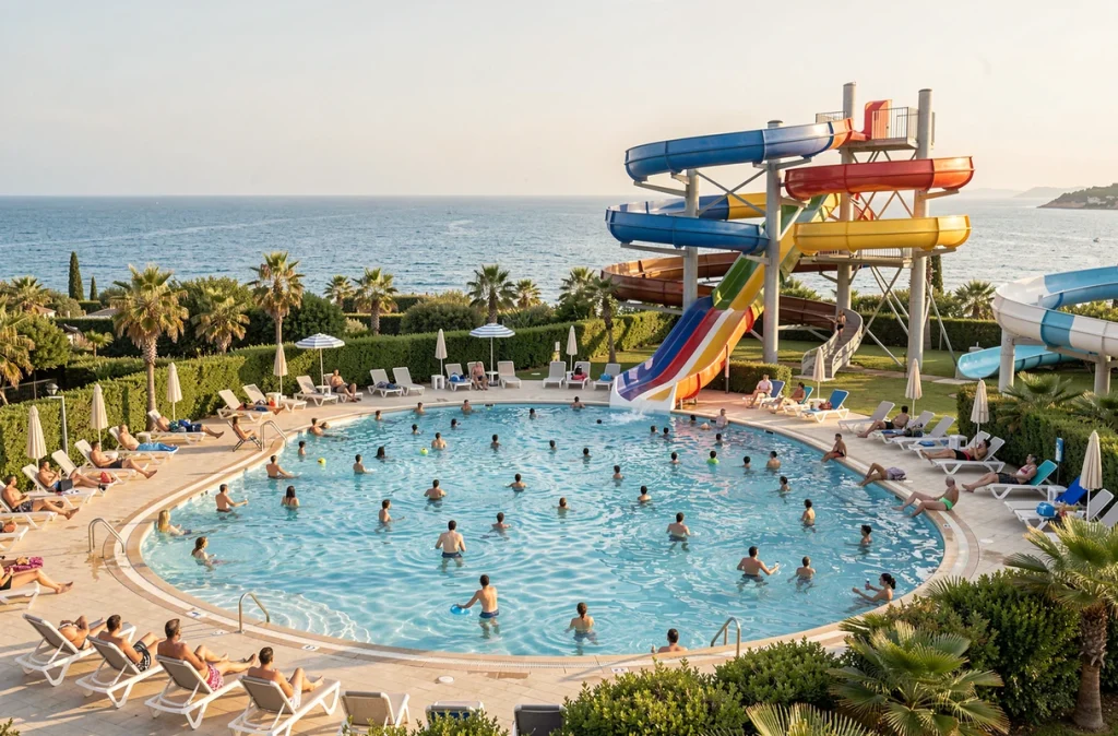 Vue panoramique d'Aqualand Saint-Cyr-sur-Mer avec ses toboggans, ses bassins et ses visiteurs profitant du soleil provençal