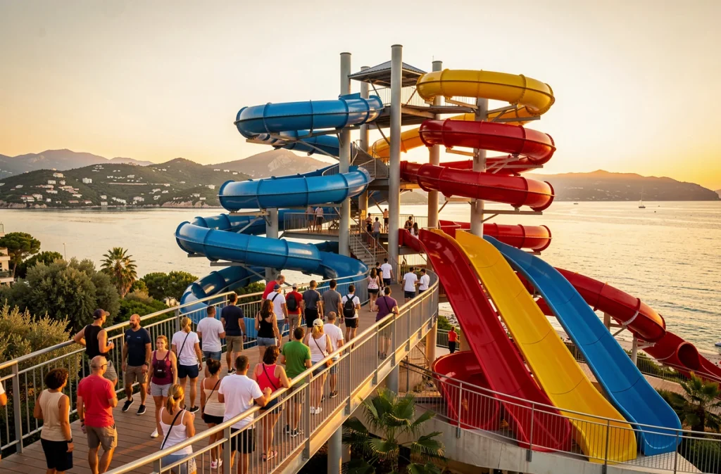 Complex de toboggans multicolores d'Aqualand Sainte-Maxime avec visiteurs et vue sur le golfe de Saint-Tropez en arrière-plan
