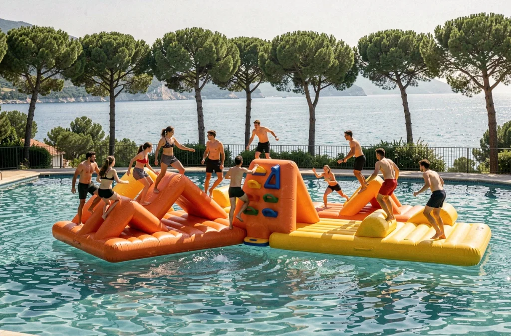 Parcours aquatique gonflable d'Aquapark Sainte-Maxime avec jeunes adultes s'amusant sur les structures colorées au bord de l'eau
