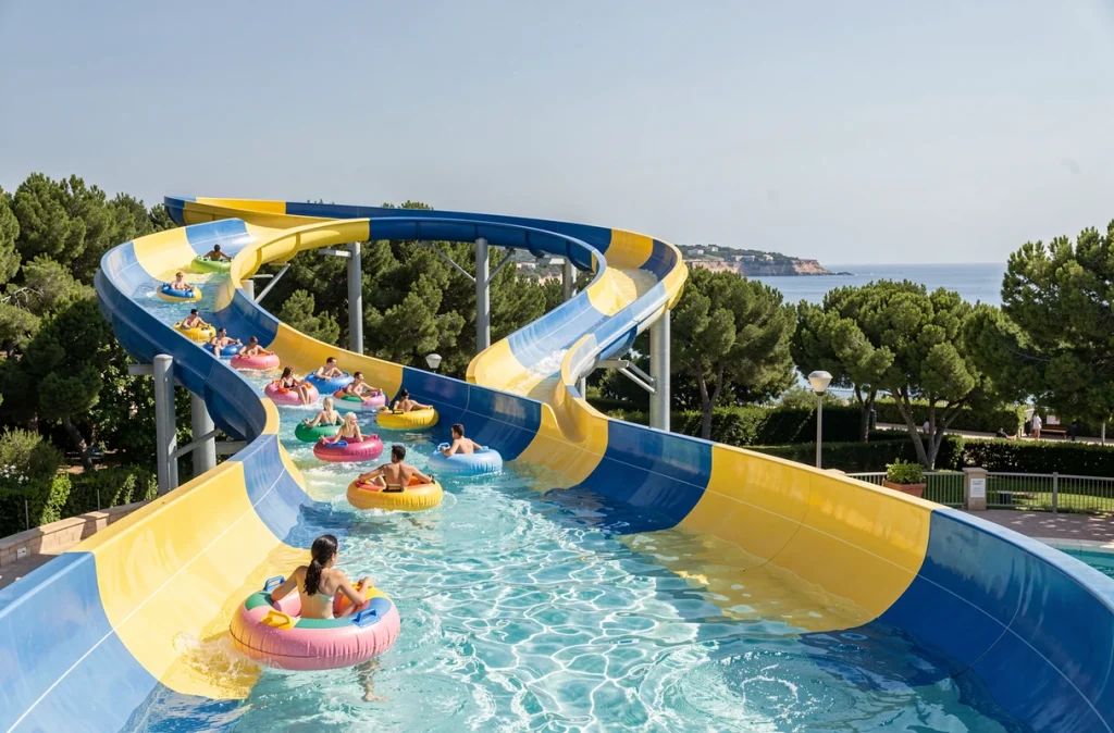 Famille en anneaux gonflables colorés descendant les toboggans aquatiques d'Aquasplash à Antibes avec vue sur la végétation méditerranéenne