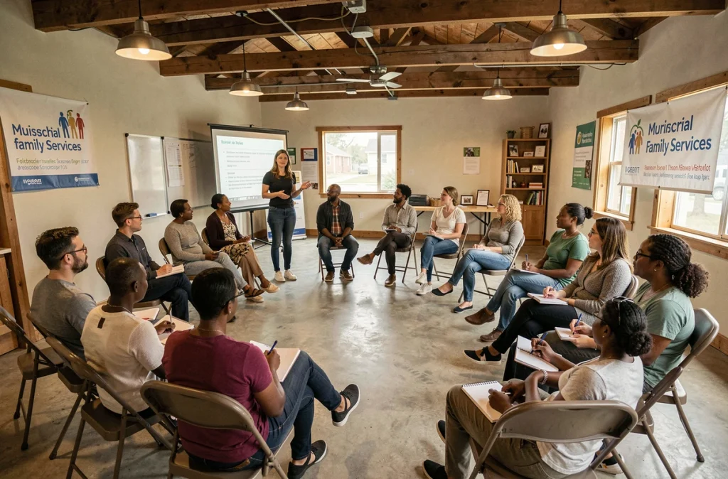 Atelier communautaire sur la coéducation animé par une facilitatrice devant des parents et éducateurs dans un centre culturel municipal