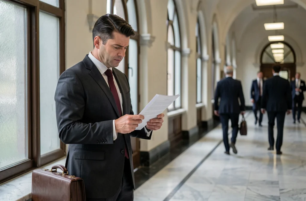 Avocat consultant un dossier dans un couloir de tribunal, représentant les enjeux juridiques d'une non-comparution devant le juge des enfants