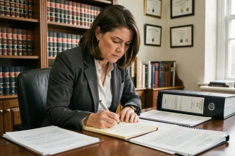 Avocate spécialisée en droit de la famille révisant des documents juridiques urgents avant une audience au JAF concernant un refus de visite médiatisée