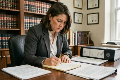 Avocate spécialisée en droit de la famille révisant des documents juridiques urgents avant une audience au JAF concernant un refus de visite médiatisée