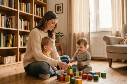 Baby-sitter jouant avec des enfants dans un salon familial chaleureux du Grand Est
