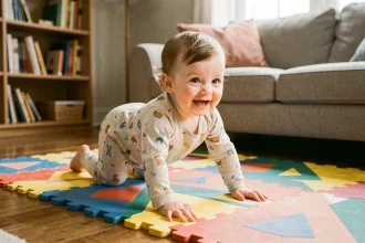 Bébé de 1 an qui rampe sur un tapis de jeu coloré dans un salon, jeu de motricité pour canaliser son énergie