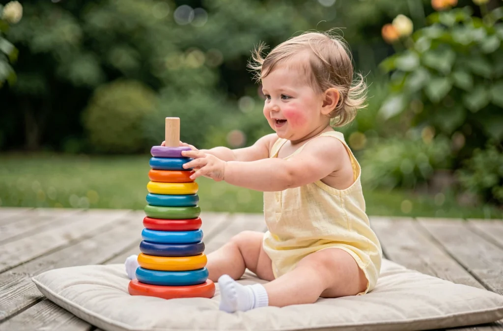 Petite fille d'un an jouant avec des anneaux en bois sur une terrasse, activité motricité fine pour bébé