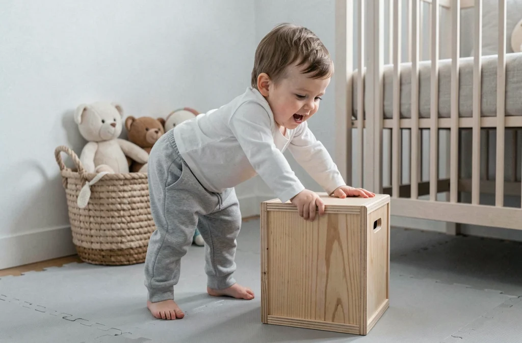 Bébé garçon de 1 an se levant debout avec un cube d'activités en bois dans une chambre épurée, exercice motricité globale