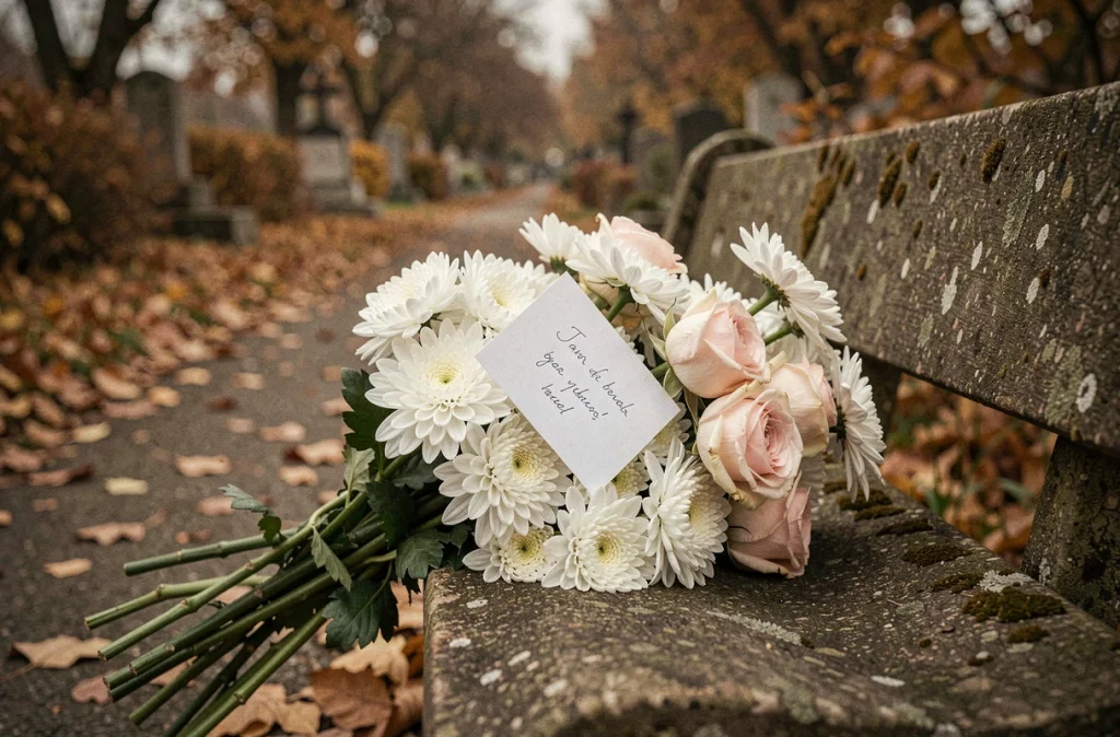 Bouquet de chrysanthèmes blancs et roses pâles déposé sur un banc de cimetière avec un poème manuscrit, hommage à une maman disparue