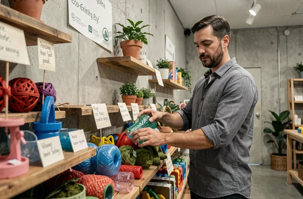 Vendeur arrangeant des jouets responsables fabriqués en plastique recyclé dans une boutique éco-responsable moderne