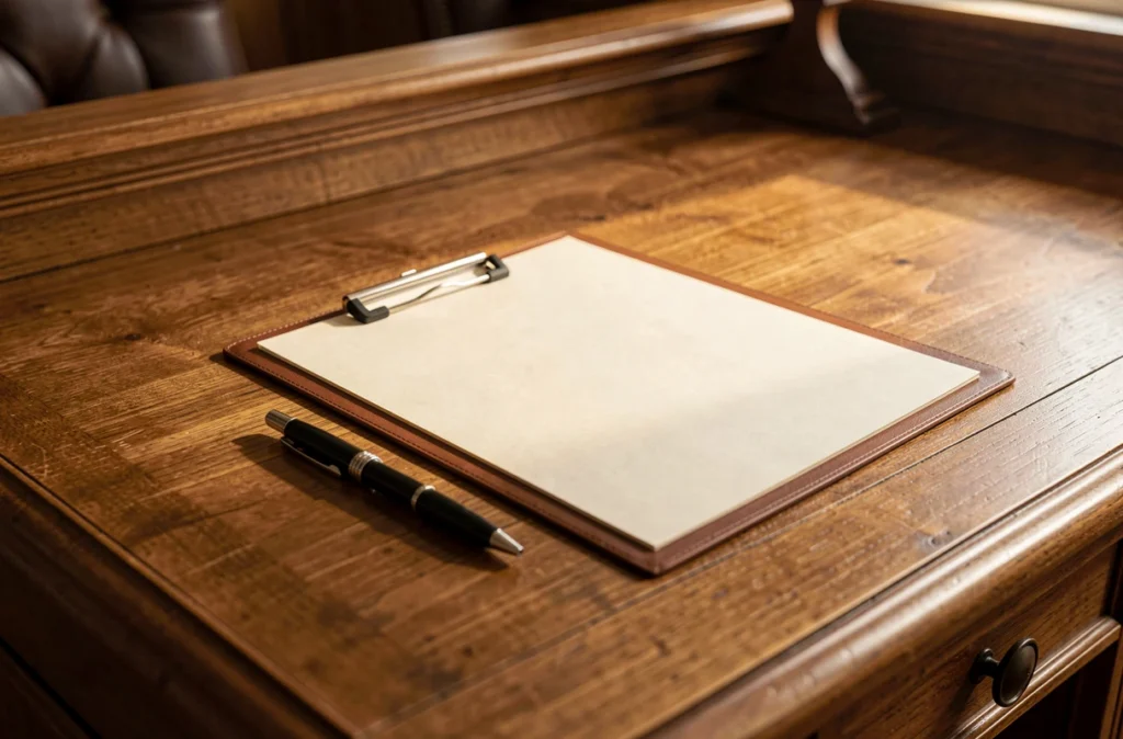 Bureau d'état civil avec formulaire vierge et stylo