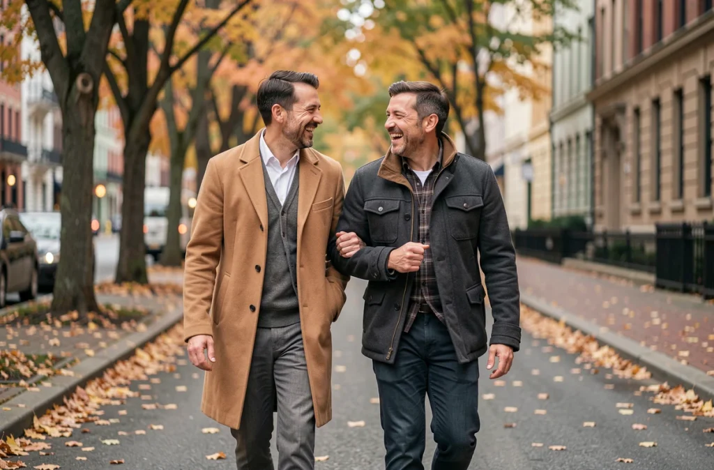 Deux hommes marchant ensemble en ville à l'automne, symbolisant la rencontre et la complicité amoureuse dans la vie de Jarry