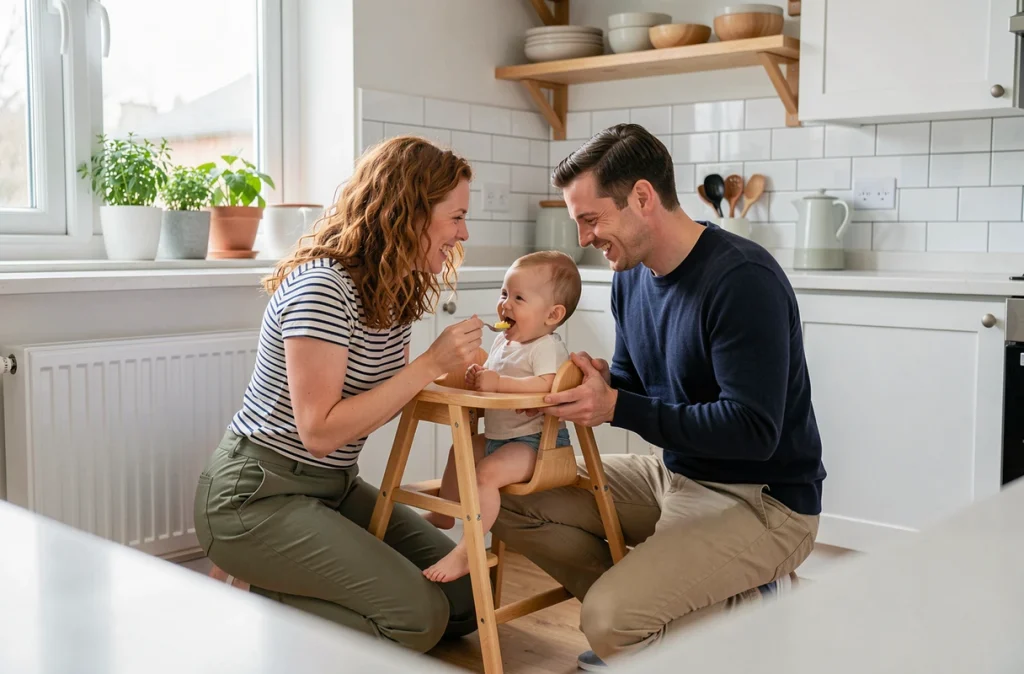 Couple de parents partageant le congé parental en nourrissant leur bébé dans une cuisine familiale