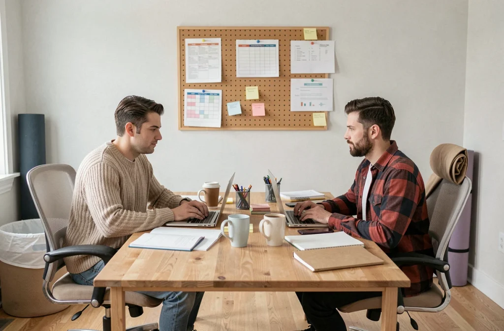 Couple travaillant en télétravail dans une chambre aménagée en bureau partagé, illustrant la cohabitation des espaces de travail au sein du foyer familial