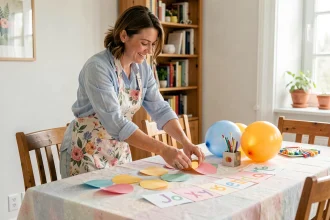 Maman décorant une table d'anniversaire à la maison avec des guirlandes colorées et des ballons pour la fête de son enfant
