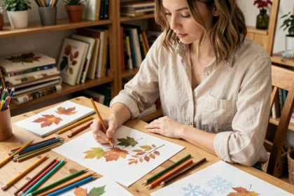 Jeune femme dessinant des illustrations des quatre saisons sur papier blanc avec des crayons de couleur dans un atelier créatif chaleureux