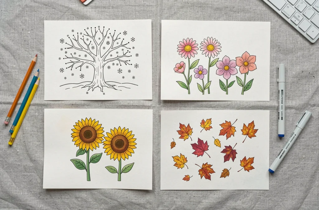 Quatre dessins à relier représentant les saisons hiver printemps été automne disposés à plat sur une surface en lin gris clair