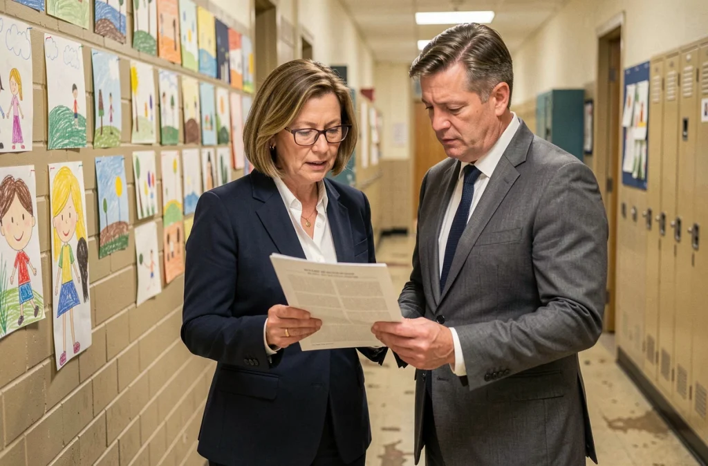 Directrice d'école et élu municipal examinant ensemble un document de partenariat éducatif dans un couloir d'école primaire