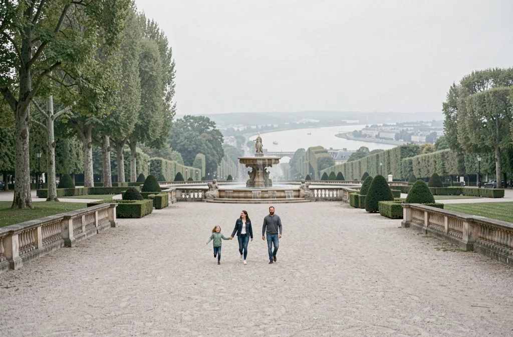 Une famille se promenant dans les allées du Domaine National de Saint-Cloud avec ses terrasses et ses grandes perspectives paysagères