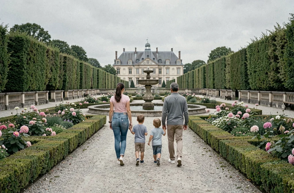 Une famille se promenant dans les jardins à la française du Domaine Départemental de Sceaux avec ses parterres et son château