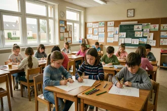 Élève en situation de handicap intégrée dans une classe ordinaire d'école primaire française, illustration de l'école inclusive