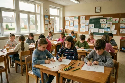 Élève en situation de handicap intégrée dans une classe ordinaire d'école primaire française, illustration de l'école inclusive