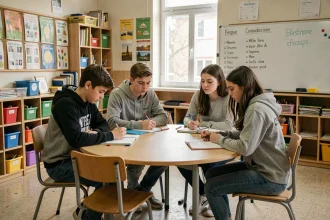 Groupe d'élèves adolescents assis ensemble dans une classe ULIS d'un collège français, regard pensif vers la fenêtre