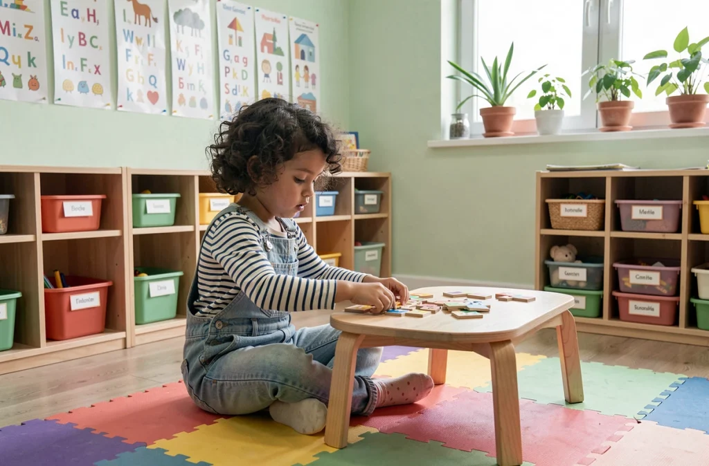 Petite fille jouant sereinement dans une salle de classe de maternelle lors de la rentrée