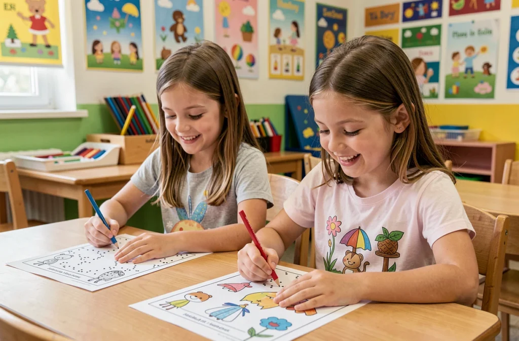Deux fillettes à l'école coloriant des fiches de dessins à relier sur le thème des saisons avec des crayons de couleur