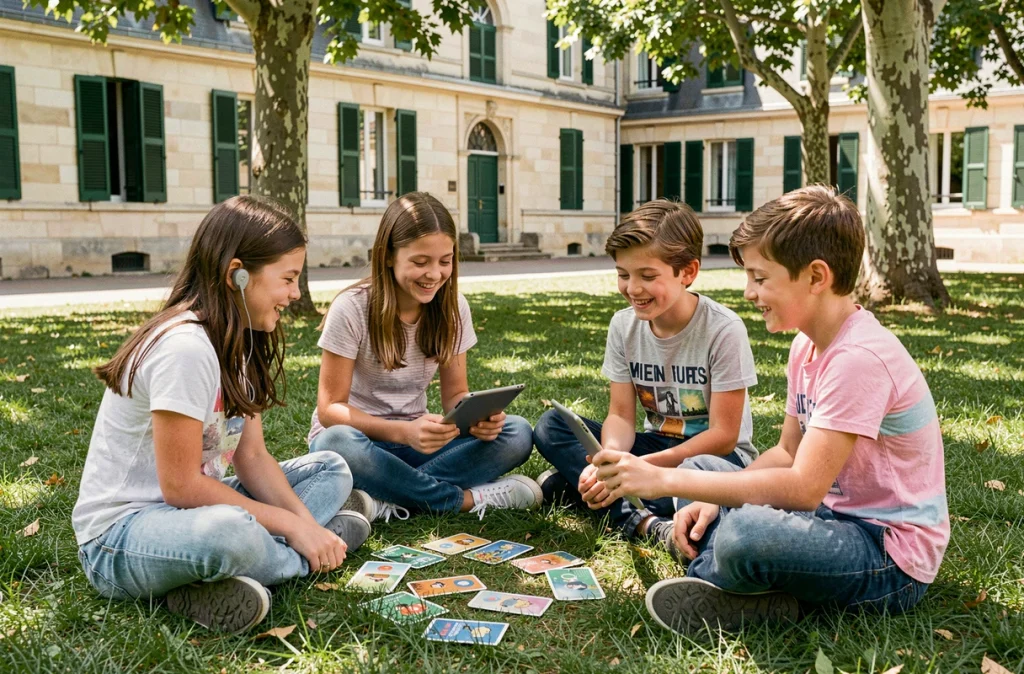 Groupe d'enfants dont un élève malentendant jouant ensemble dans la cour d'une école inclusive française