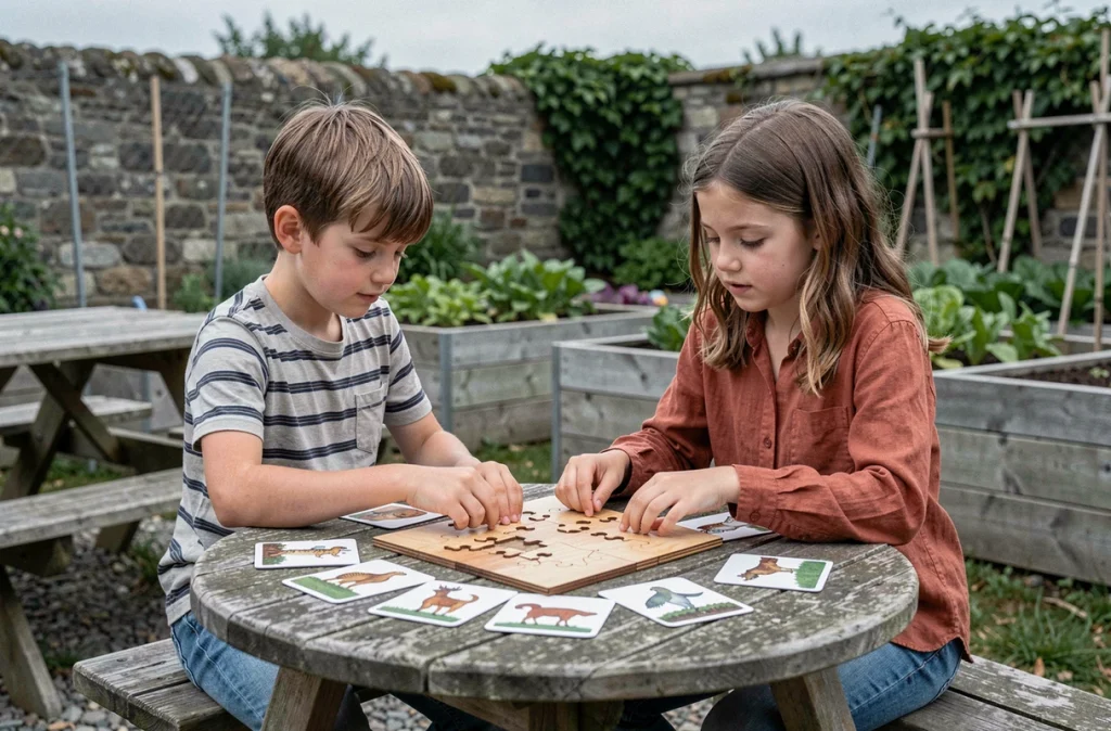 Deux enfants jouant à un jeu de société en bois certifié FSC dans un jardin communautaire, jouets durables 2024
