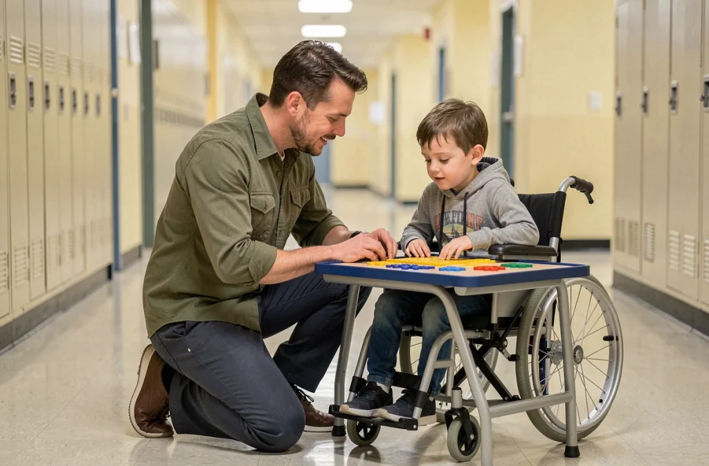 Enseignant spécialisé accompagnant un élève en fauteuil roulant dans un couloir d'école inclusive en France