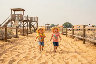 Deux jeunes enfants courant sur le sable doré de la Mer de Sable avec leurs parents, entourés de décors western en plein air
