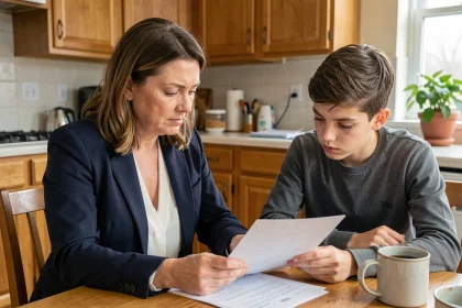 Mère célibataire et son fils adolescent examinant des documents administratifs dans leur cuisine, illustrant les nouveaux droits sociaux des familles monoparentales