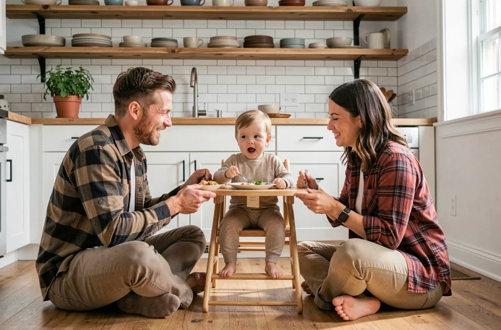 Couple de parents partageant un repas au sol avec leur jeune enfant dans une cuisine moderne, symbole du partage des responsabilités parentales