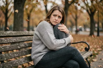 Femme adulte assise seule dans un parc en automne, exprimant une profonde solitude émotionnelle liée au rejet parental