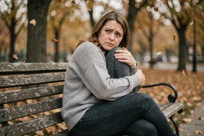 Femme adulte assise seule dans un parc en automne, exprimant une profonde solitude émotionnelle liée au rejet parental