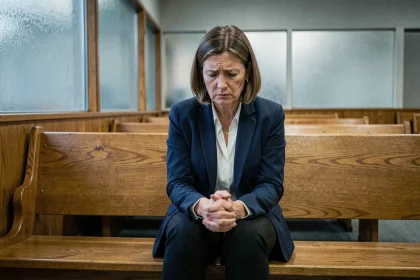 Femme anxieuse assise seule dans une salle d'attente d'un tribunal, illustrant les conséquences de l'absence à une audience
