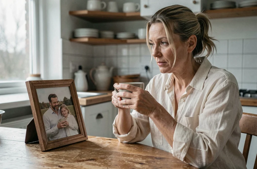 Femme adulte contemplant une photo de famille dans une cuisine, symbolisant le travail de deuil du rejet parental