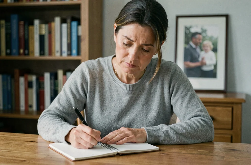 Femme d'âge moyen écrivant un poème dans un carnet en hommage à sa maman décédée, expression recueillie et émotionnelle