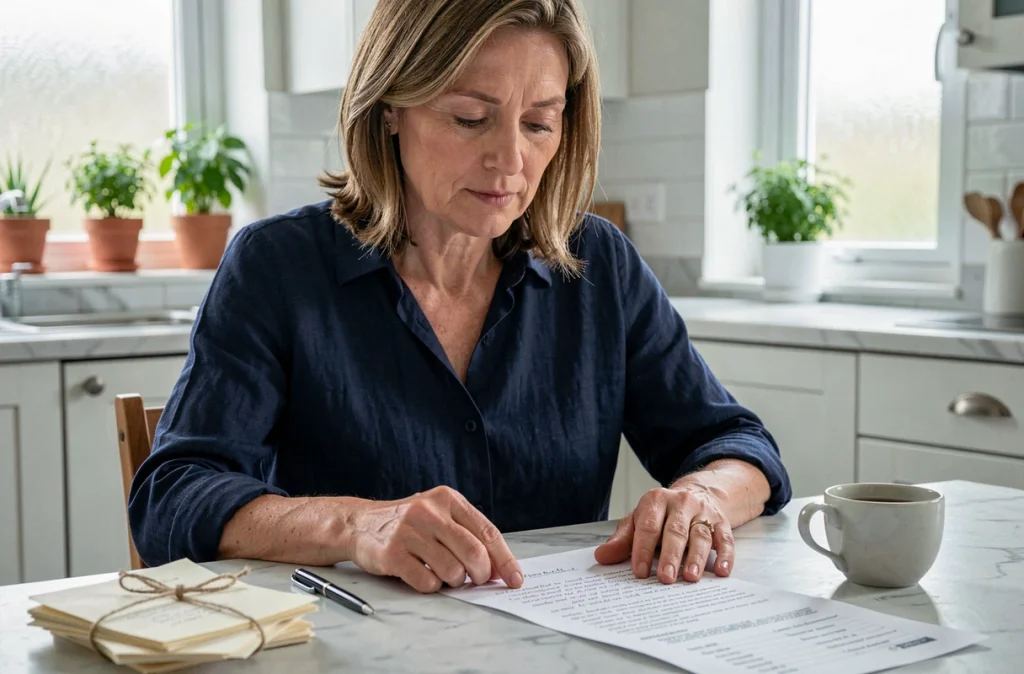 Une femme relit attentivement son testament olographe manuscrit à une table de cuisine, entourée de documents personnels