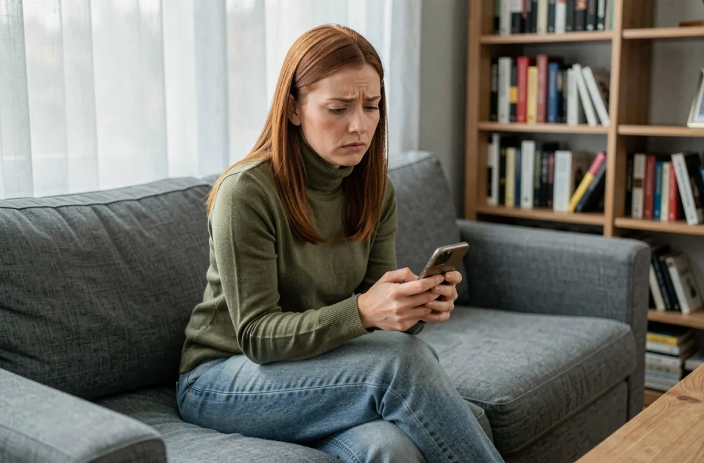 Femme seule sur un canapé analysant son score bas sur un simulateur de force amoureuse sur smartphone