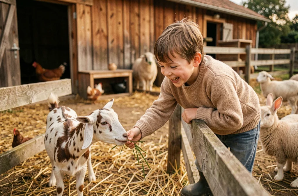 Un jeune garçon nourrissant une chèvre à la Ferme des Chanteraines, ferme pédagogique des Hauts-de-Seine